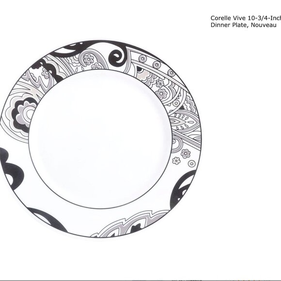 6 Corelle Ceramic Luncheon Plates  Vive Collection Art Nouveau White Black EUC - Picture 1 of 6